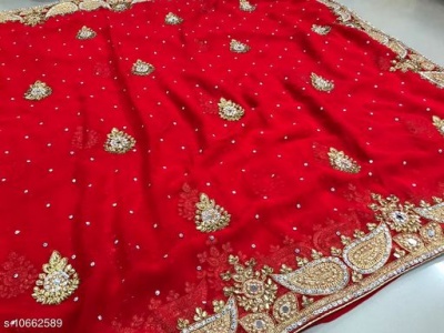 Heavy Embroidered and Embellished Georgette Silk Saree with Shining Stone Work 