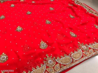 Heavy Embroidered and Embellished Georgette Silk Saree with Shining Stone Work    