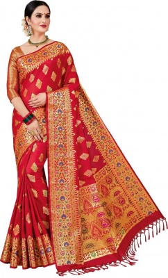 Woven Banarasi Poly Silk Saree  (Red)